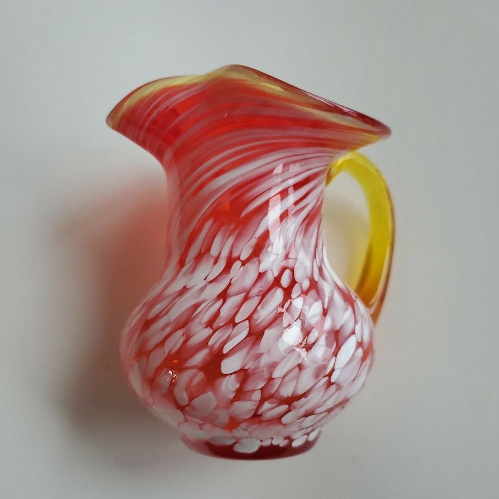 Fenton Style Rainbow Art Red Yellow White Spatter Glass Ruffled Crimped Rim Vase